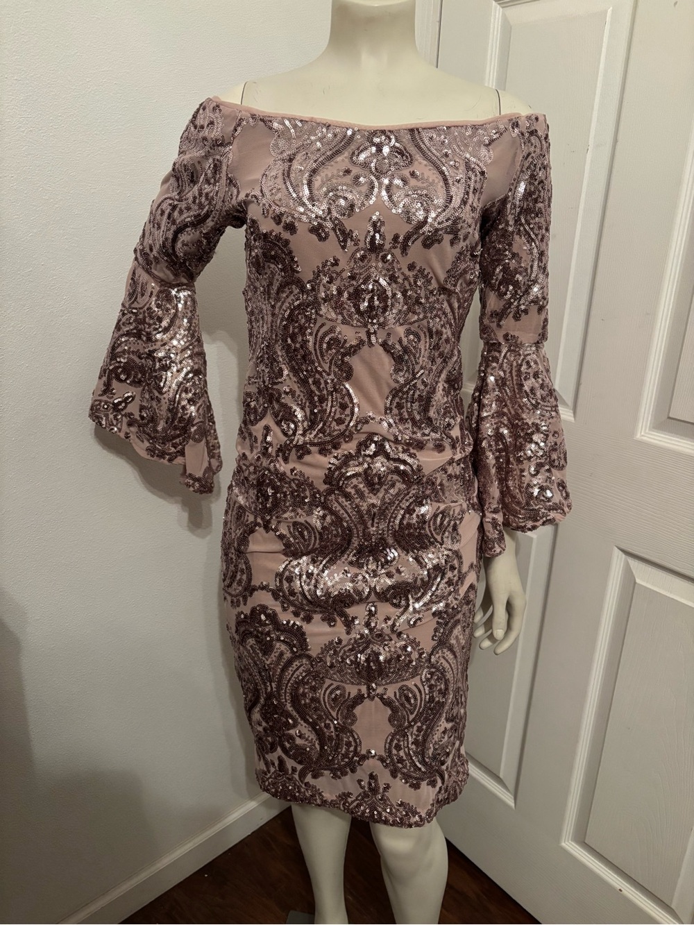 Betsy & Adam Rose Pink Sequin Off-Shoulder Dress 12